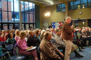 Adrian Tait asking the first question to the panel of Taunton Deane candidates